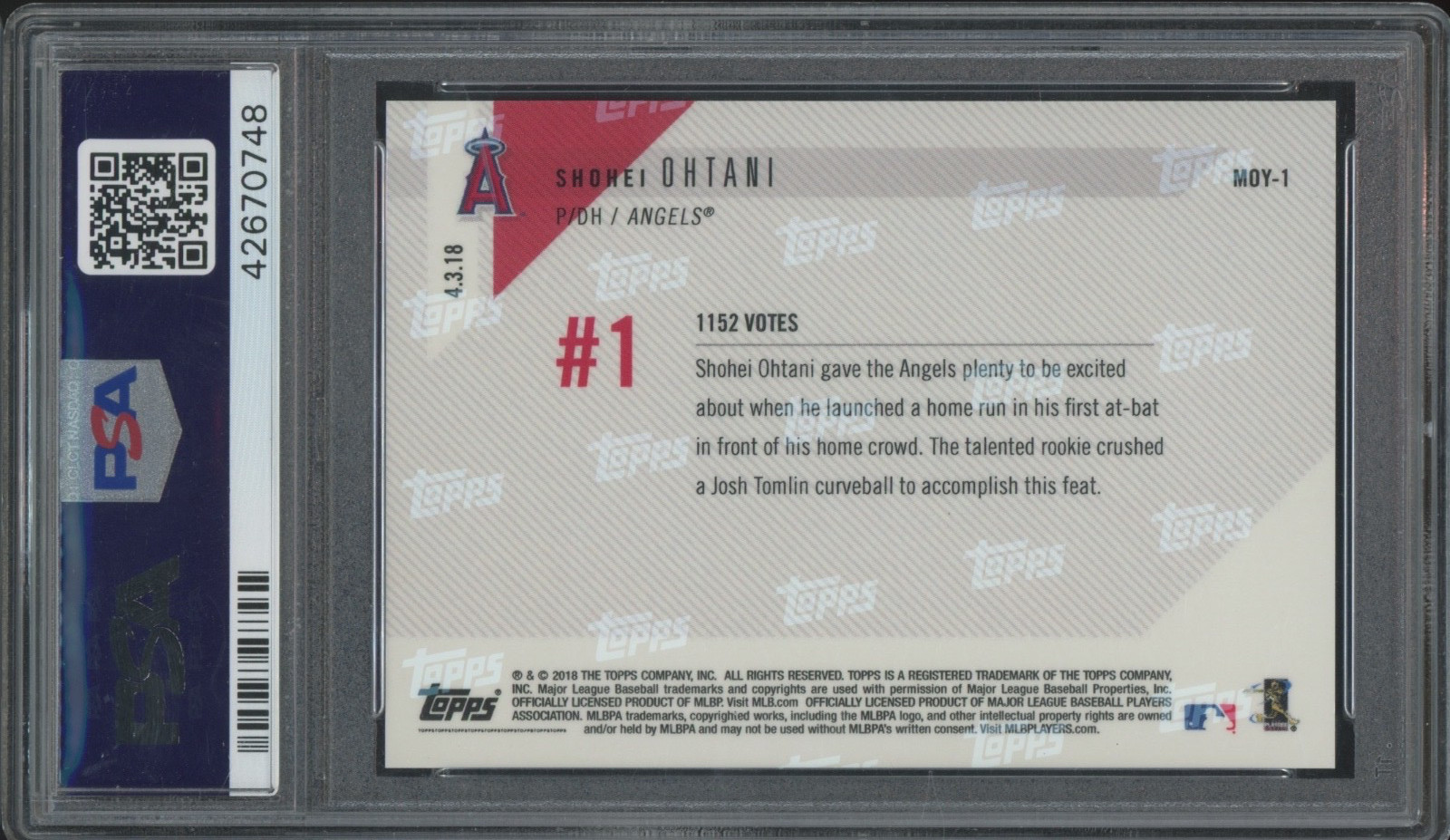 2018 Topps Now Moment Of The Year #MOY1 Shohei Ohtani RC Rookie Gem Mint PSA 10 view 2