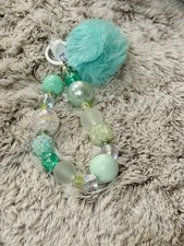 Green Clear Beaded Key Chain for Women Bling Pom Pom Charm Key Ring