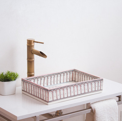 Custom Made Small Rectangular Ceramic Bathroom Sink, Pink Traditional Pattern