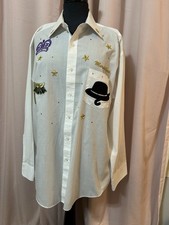 Vtg Mardi Gras Woman  s Shirt Men Large White Button Up Purple Gold Decor