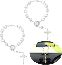 2-Piece Car Rosary for Rearview Mirror, Hanging Bead and Cross Ac Color: White