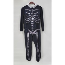 Fortnite Skull Trooper Pajamas Kids 14/16 Black Fleece Zip Up Skeleton Costume