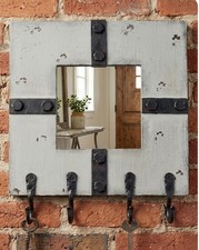 Rustic steampunk decor Wall-Mounted Key  Holder Mirror. 14x14 Wood matte beige