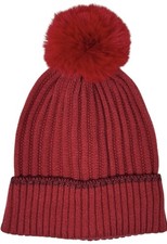 Vince Camuto Ribbed Knit Beanie Soft Winter Hat Faux Fur Pom Pom Glitter Trim