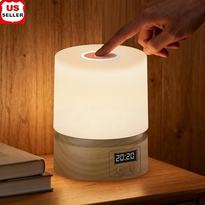 Cordless Dimmable LED Night Light W/ Built-in Clock Rechargeable Portable Lamp
