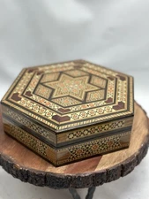 Vintage Handmade Octagonal Marquetry Wood Inlay Star of David Hinged Box Lined