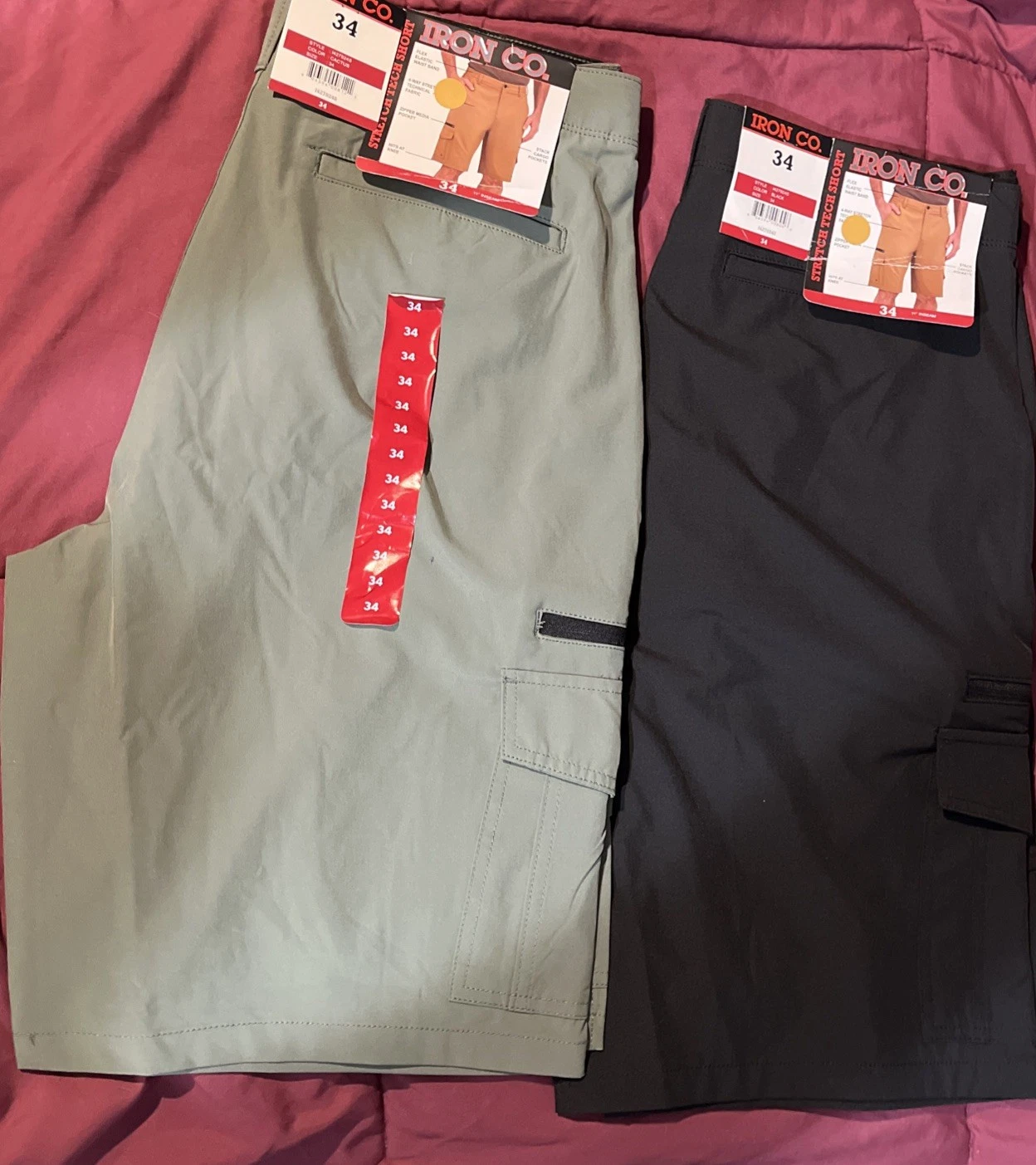 Lot Of 2 Iron Co. Men's Flex Stretch Cargo Short Size 34 In Cactus & Black. NWT