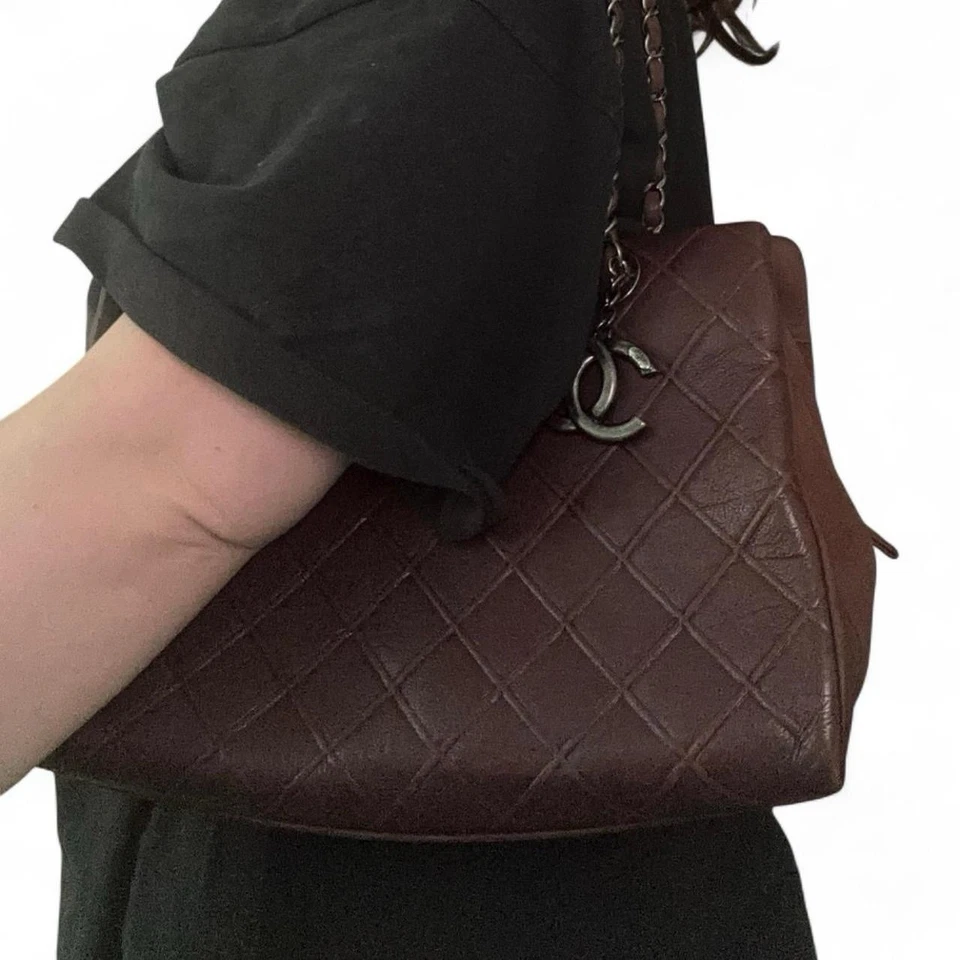CHANEL Caviar/Suede QuiltedTote Red Brown - Image 4 of 4