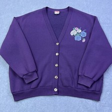VTG Nutmeg Cardigan Women's XL Purple Flowers Fleece Button Sweater USA Made 90s