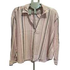 Michael Stars Women's Medium Long Sleeve Collared V-Neck Blouse – Pink EUC