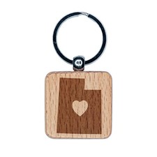 Utah State with Heart Engraved Wood Square Keychain Tag Charm