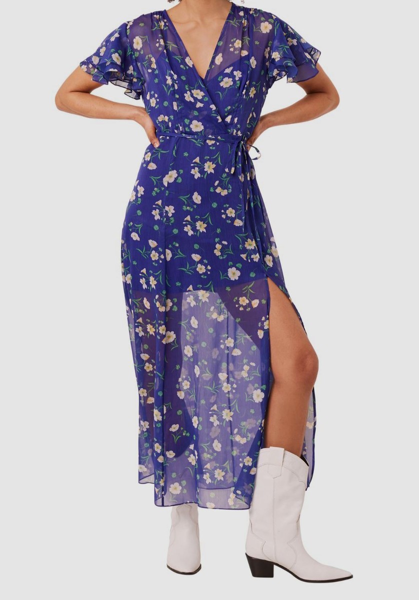 French Connection Jasmine Chiffon Faux Wrap Maxi Dress in Clement Blue Multi at Nordstrom, Size 6