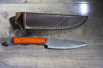 Small Damascus  knife w/ nice red laminate handle & leather sheath hand made