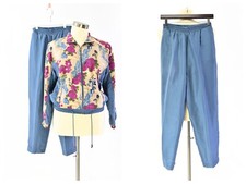 90s Vintage Womens LP Casual Silk Pant Suit Tapered Leg Pants Floral Jacket