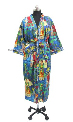 Blue Farida Kahlo Print Cotton Kimono Robe Indian Handmade Women Cotton Kimono
