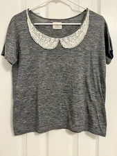 Pins & Needles Womans Blouse M Grey Polyester Solid Short Sleeve Lace Peter Pan