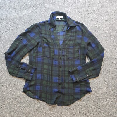 Express Top Shirt Women XS Black Green Blackwatch Portofino Sheer Casual Career