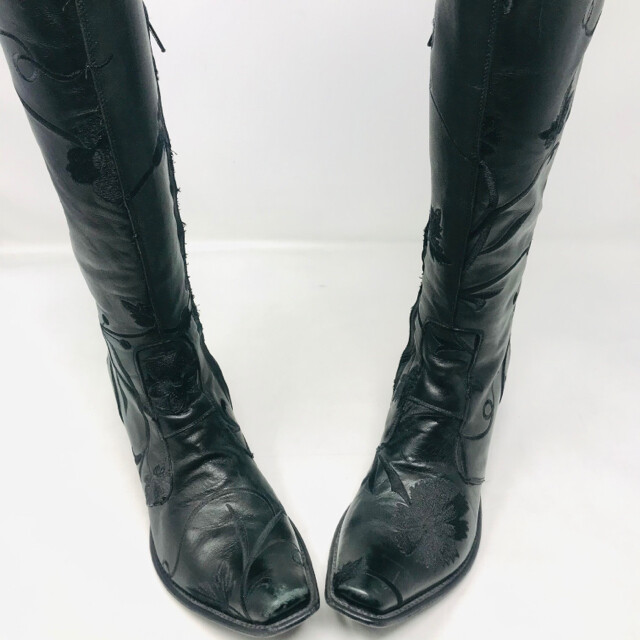 Gianni Barbato 37 Black Leather Embroidered Flower Knee High Boots