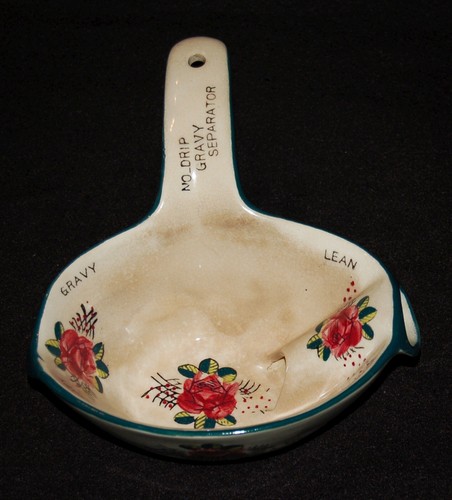 White ceramic gravy separator with floral accents, red “NO. 3 DIP GRAVY SEPARATOR” text, and USA Made label.