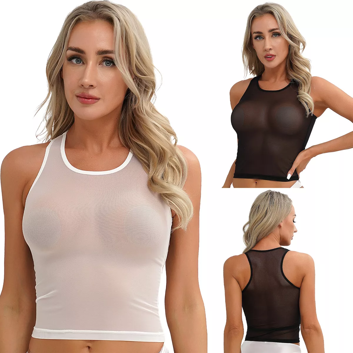 Women's Sexy Sheer Mesh Vest Crop Tops U Neck See Through Tank Top