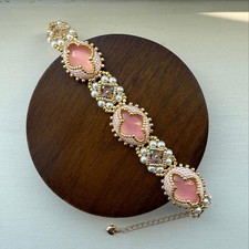 Handmade Victorian Style Beaded Bracelet Pink/Gold Bridal Beads Jewelry Women