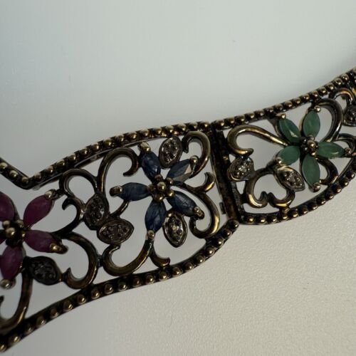 Sterling Silver Gemstone Collar Necklace Ruby Saphire Emerald Flowers - Picture 6 of 17