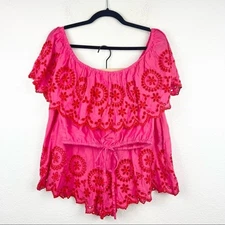 LOVERS + FRIENDS Pink and Red Eyelet Crop Top with Matching Cox Shorts, Size L