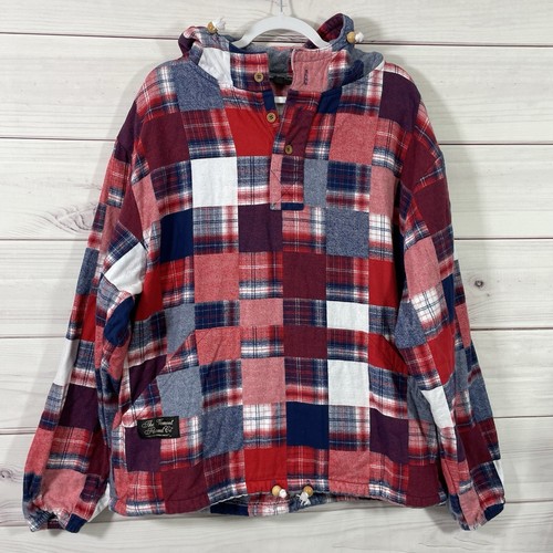The Vermont Flannel Co. Mens Plaid Hoodie Patchwork Size XL Red White Blue.