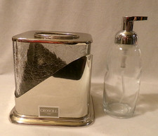 CROSCILL CHROME CLEAR CRACKLED GLASS TISSUE BOX COVER w/CLEAR GLASS SOAP PUMP