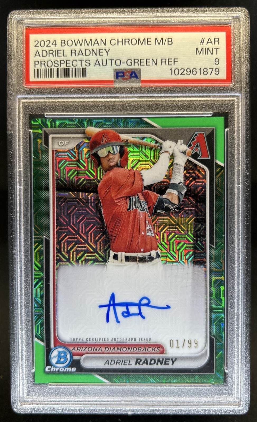 2024 Bowman Chrome Mega Box Adriel Radney Green Mojo Refractor Auto #/99 PSA 9