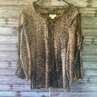 Maeve Women's Long-Sleeved Top Size L Brown Black Contrast Material V-Neck Tie