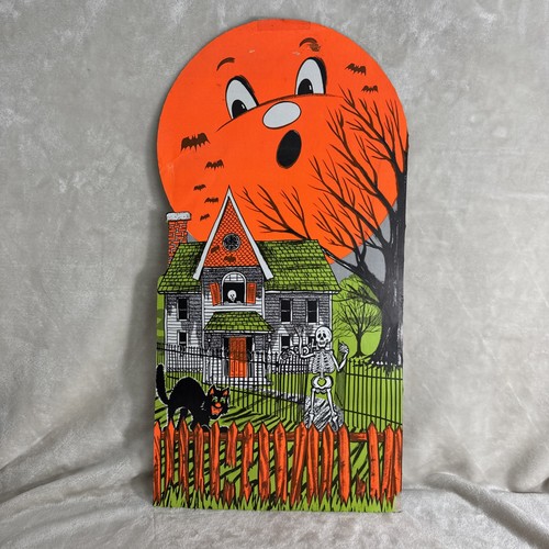Vintage Halloween Card Haunted House Black Cat Skeleton Pumpkin Moon Bats