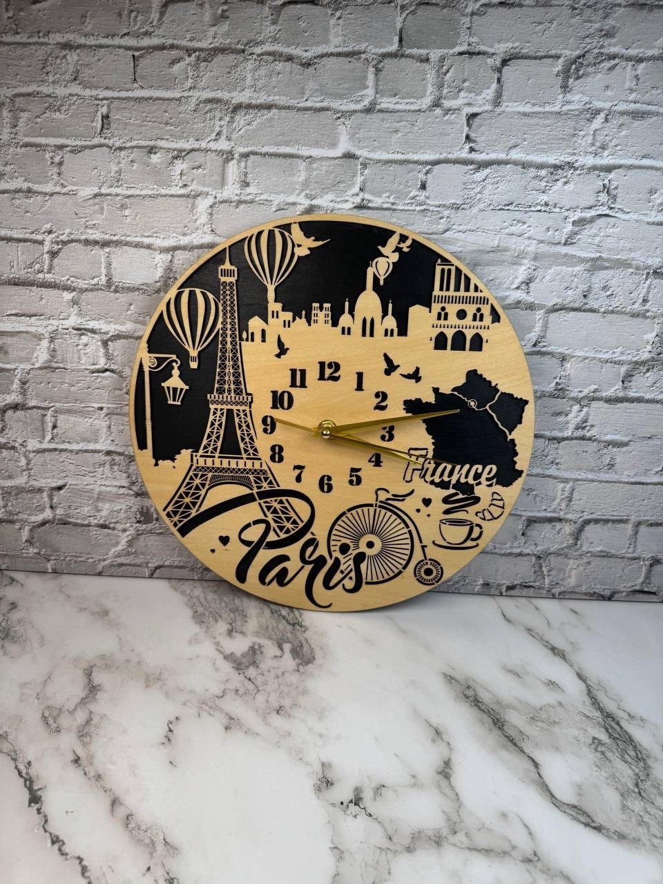 Paris Wall Clock Handmade Wooden Decor – 11.5in Birch Plywood France Gift