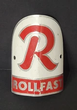 Rollfast Bicycle Head Badge Emblem VTG 2 7/8" DMGD CREASED DOWN MIDDLE Aluminum