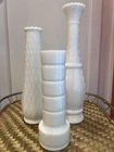 Set of 3 White Milk Glass Vases Mixed Styles Ribbed Quilted Beaded Vintage