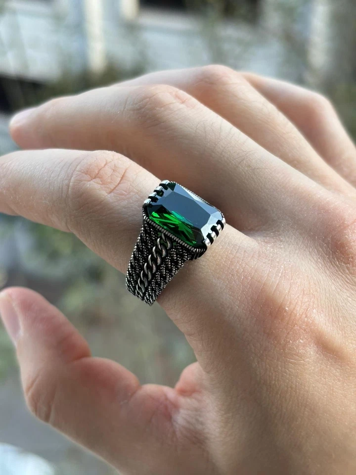 Handmade 925 Sterling Silver Simulated Emerald Men's Ring Chain Turkish Design - Image 4 of 4