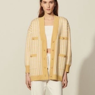Sandro Dane Yellow Houndstooth Oversized Cardigan Sweater 0/Small