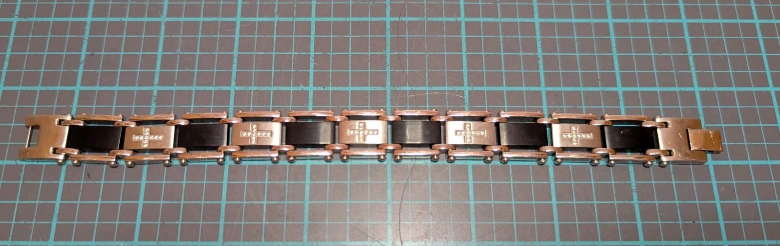 Men's Bracelet - Stainless Steel & Black Links with 5 Diamond Crosses - 8.5"