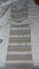 Crochet Striped Sleeveless Top Skirt Set, Drawstring, Gray Beige Cream, Women