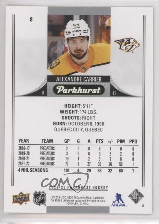 2022-23 Upper Deck Parkhurst Emerald Ice /10 Alexandre Carrier #8 - Image 2 of 2