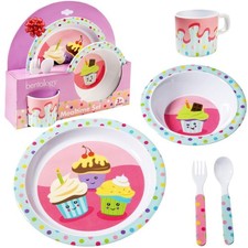 5 Pc Mealtime Set for Kids - Cupcake Theme - Includes Raised Edge Plate  Bow...