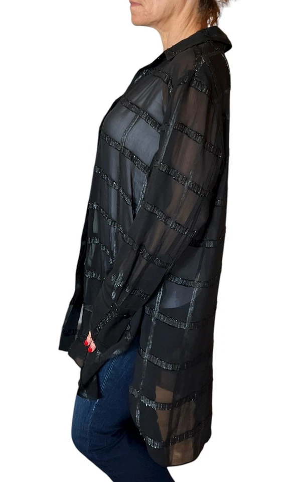 By Malene Birger Black Check Sheer Chiffon Button Up Blouse Tunic 40 L Oversize - Image 3 of 4
