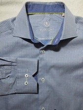 BUGATCHI Uomo Dress Shirt Men 15. 5 34/35 Blue Check Flip Cuff Spread Collar NWT