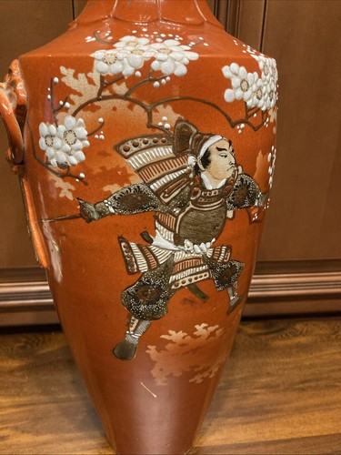 Antique Large Asian Japanese Porcelain Vase Burnt Orange Red Prunus Samurai - Picture 9 of 23