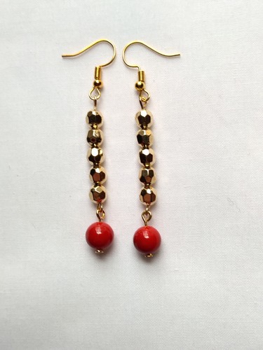 Gold Tone Beaded Red Stick Drop Earrings Faceted Beads Handmade Hippie Boho Chic