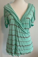 Deb Made in USA Minty Blue Green and grey striped low cut drape over shirt Sz 1X