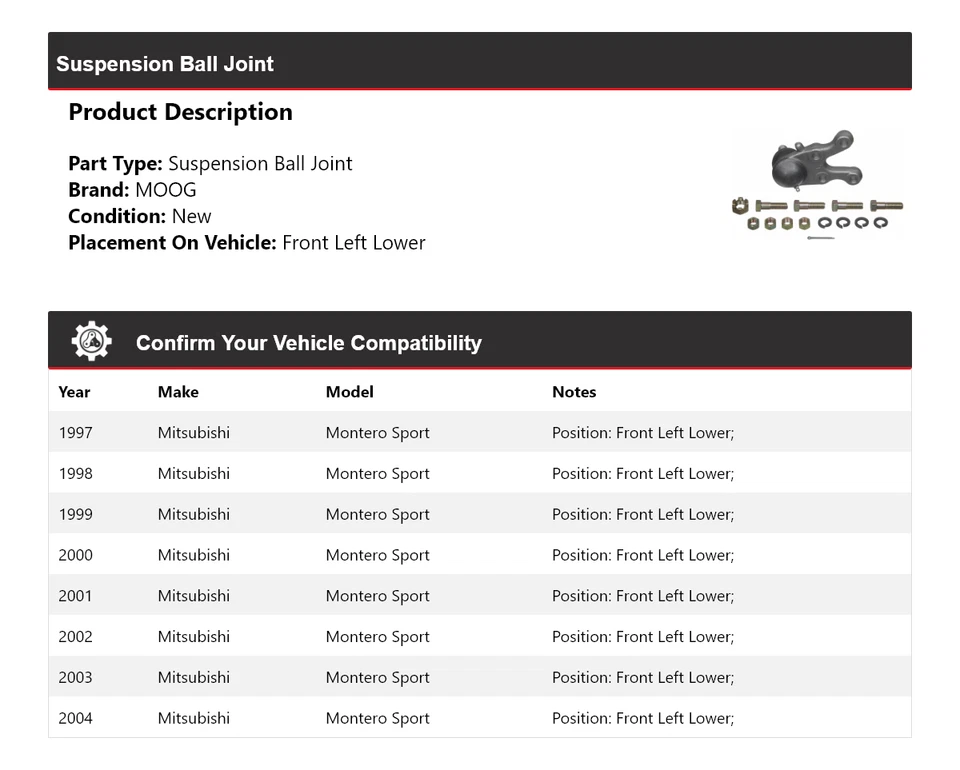Junta de rótula de suspensión deportiva para Mitsubishi Montero 1997-2004 MOOG 1997 1998 1999 Foto 2 de 4