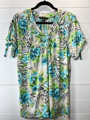 Goddess Vintage Womens 3X Leopard Floral Print Top Short Sleeve Fairy Mermaid