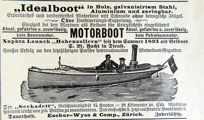 Idealboot in Holz, Stahl und Aluminium Escher-Wyss & Comp. Zürich Werbung 1905
