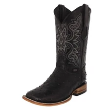 Mens Western Cowboy Boots Black Ostrich Pattern Leather Square Toe Vaquero Botas
